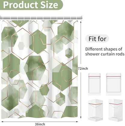 deFouliao Sage Green Modern Shower Curtain Geometric Grid Art Abstract Waterproof Bathroom Curtain for Bathtub Home Hotel Decor, Washable with Hooks, 36x72 Inch