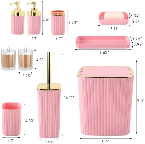 XLHOMO Pink Bathroom Accessories Set - Gorgeous Bathroom Set, 10PC Bathroom Accessory Set, Toilet Brush, Trash Can, Qtip Holder & Soap Dispenser