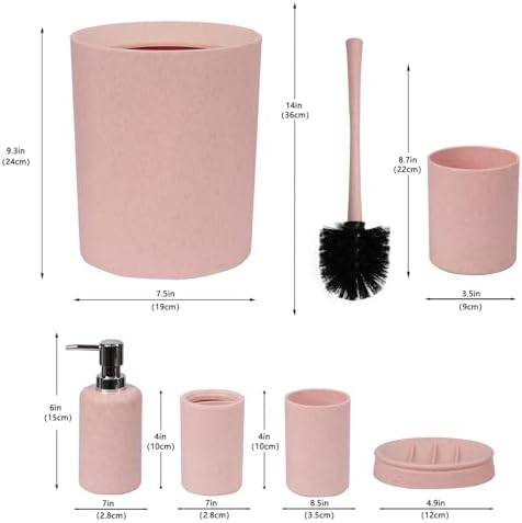 CERBIOR Bathroom Accessories Set 6 Piece Wheat Straw Bath Ensemble,Pink