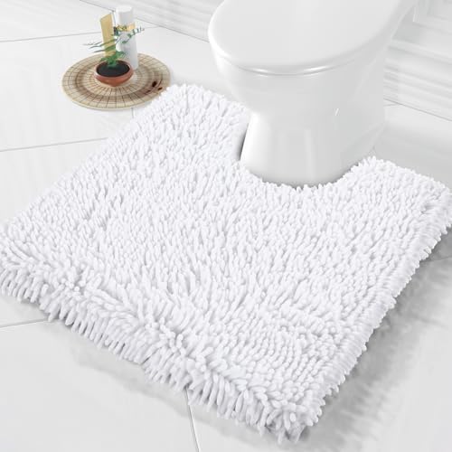 Yimobra Toilet Rugs U Shaped Washable, Extra Thick Soft Absorbent Chenille Contour Bathroom Rugs for Toilet 24x24 Inch, Quick Dry Non Slip Toilet Mat for Bath Floor, White