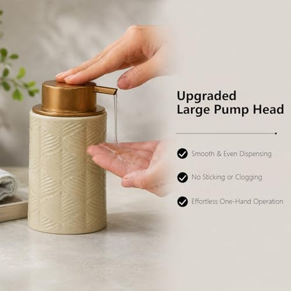 Ceramic Bathroom Accessory Set 4 Pcs with Lotion/Soap Dispenser, Toothbrush Holder, Soap Dish, Tumbler, Modern Scandinavian Bathroom Decor and Storage Set, Easy to Clean, Creamy, Beige