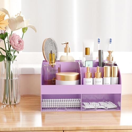 Makeup Organizer with Drawers, Cosmetic Storage for Dresser Vanity and Bathroom Countertop, Beauty Holder for Lipstick Brush, Skincare Organizer for Vanity, Cosmetic Display Case (Purple)