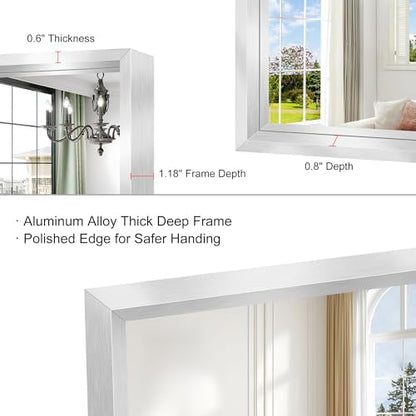 48 x 36 inch Brushed Silver Bathroom Mirror, Metal Framed Large Rectangle Mirror, 0.6" Thickened Deep Frame Mirrors for Living Room Bedroom, Tempered Glass, Antirust, Horizontal or Vertical