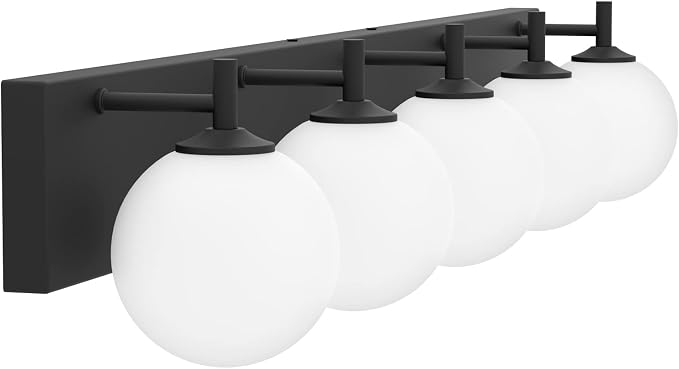 Aipsun Vanity Light, 5 Lights Matte Black Bathroom Light Fixtures, Vanity Lights with Milky White Globe Glass, Black Lights Over Mirror