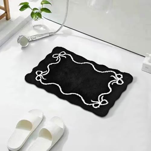 Mocsicka Black Bow Bath Mat Cute Bow Bathroom Rug Super Soft Absorbent Bathroom Rugs Non Slip Bath Mat Machine Washable Rug for Bathrooms 16x24 inches (Black, 40x60cm)