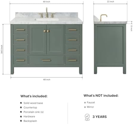 ARIEL Cambridge 48-inch Bathroom Vanity with Sink,Solid Wood, 1.5-inch Italian Carrara Marble Countertop, Single Rectangular Porcelain Sink, 2 Soft Closing Doors, 9 Dovetail Drawers, Vintage Green