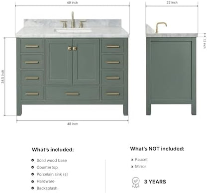 ARIEL Cambridge 48-inch Bathroom Vanity with Sink,Solid Wood, 1.5-inch Italian Carrara Marble Countertop, Single Rectangular Porcelain Sink, 2 Soft Closing Doors, 9 Dovetail Drawers, Vintage Green