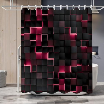 LQCOOL 4Pcs Pink Shower Curtain Set 3D Cubes Bathroom Sets Modern Shower Curtain Set for Bathroom Sets with Rugs Black and Pink Shower Curtain with 12 Hooks