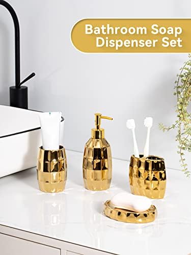 Bathroom Accessories Set, Golden Mosaic Ceramic Bathroom Accessory Sets Include Lotion Dispenser, Toothbrush Holder Tumbler, and Soap Dish