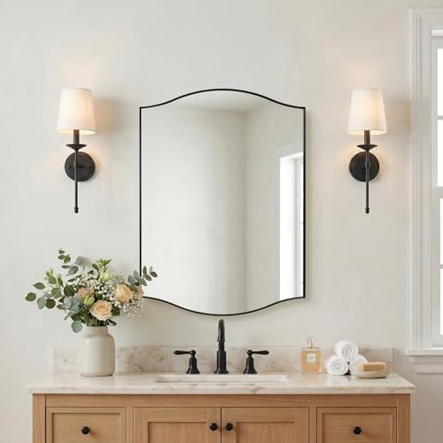 ANDY STAR Black Bathroom Mirror, 22"x30" Scalloped Wall Mirror in Stainless Steel Metal Frame, Unique Vanity Mirror with Modern Curved Edge Design, Ideal for Bathroom, Bedroom, Entryway