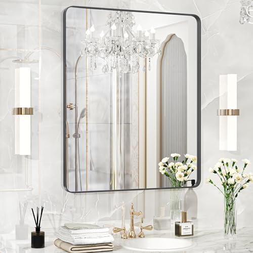 Fun Memories Wall Mirror for Bathroom, 36x30 Inch Black Bathroom Mirror, Rectangular Wall Mounted Decorativ, Rounded Corner, Aluminum Alloy Frame, Farmhouse, Hangs Horizontal or Vertical