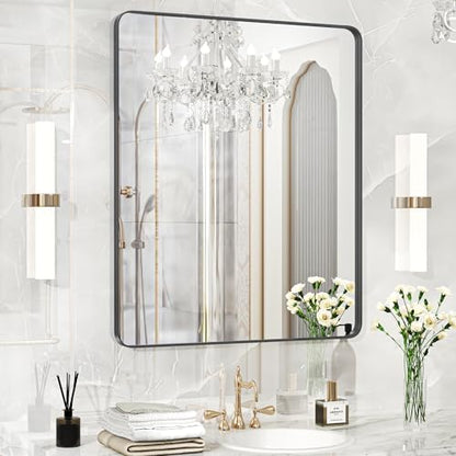 Fun Memories Wall Mirror for Bathroom, 36x30 Inch Black Bathroom Mirror, Rectangular Wall Mounted Decorativ, Rounded Corner, Aluminum Alloy Frame, Farmhouse, Hangs Horizontal or Vertical