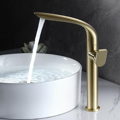 High-Arc 360° Rotating Bathroom Faucet, Single Handle Mixer Tap, Hot & Cold Water, Brushed Gold Finish, One Hole Sink Basin Mixer, Kitchen & Bath Use