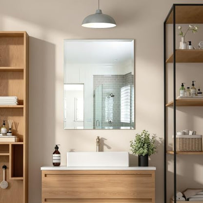 24" x 32" Frameless Bathroom Mirror Tempered Glass Wall Mirror Polished Edge Horizontal Vertical Hanging Silver Decor for Vanity Bedroom Entryway