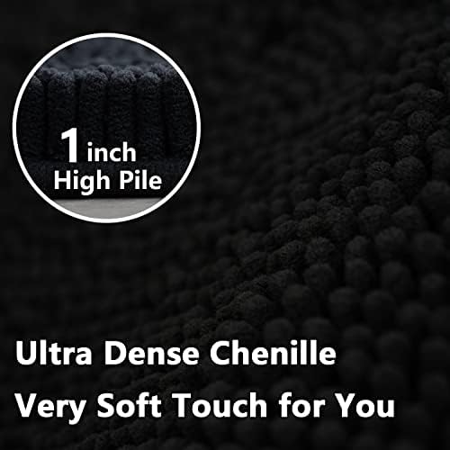 Black Bathroom Rug Chenille 3-Piece Extra Soft and Absorbent Shag Bathroom Rugs, Machine Wash Mat, Strong PVC Non-Slip Underside, Plush Carpet Mats (Black)