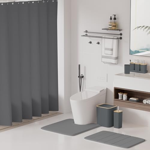 XLHOMO Bathroom Accessories Set - 25PC Grey Bathroom Set, Bathroom Set with Shower Curtain and Rugs, Grey Shower Curtain Set, Toilet Brush, Bathroom Trash Can