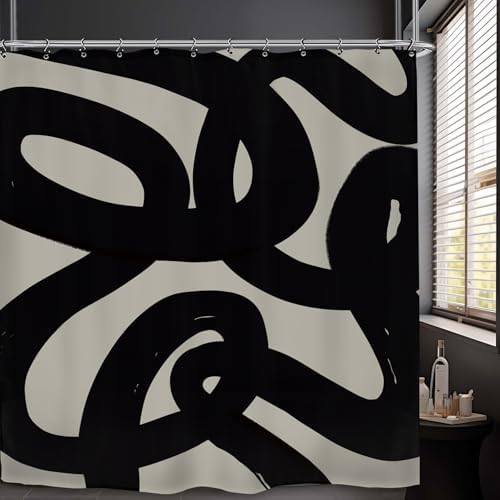 Abstract Black Shower Curtain 72Wx72L Inch Modern Minimalist Contemporary Geometric Line Neutral Simple Bathroom Set Accessories Decor with 12 Pack Hooks