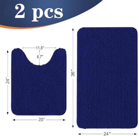 OLANLY Chenille Bathroom Rugs Mats Sets 2 Piece, 36"x24"+24"x20", Navy