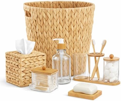 Teenyyou 9-piece Handwoven Wicker Bathroom Set, 15L / 4 Gallon Natural Water Hyacinth Trash Can, Tissue Holder, Soap Dispenser, Toothbrush Cup, Vanity Tray & Storage Jars