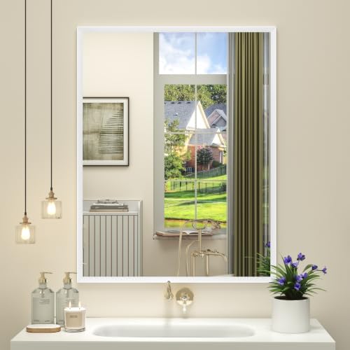 White Framed Bathroom Mirror 28x36, White Vanity Mirrors for Wall