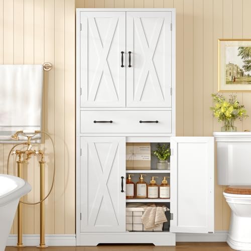 WEENFON Tall Storage Cabinet with 2 Adjustable Shelves & 1 Large Drawer, Kitchen Pantry Cabinet with 4 Doors, Bathroom Storage Cabinets, for Living Room, Kitchen, Bathroom, White