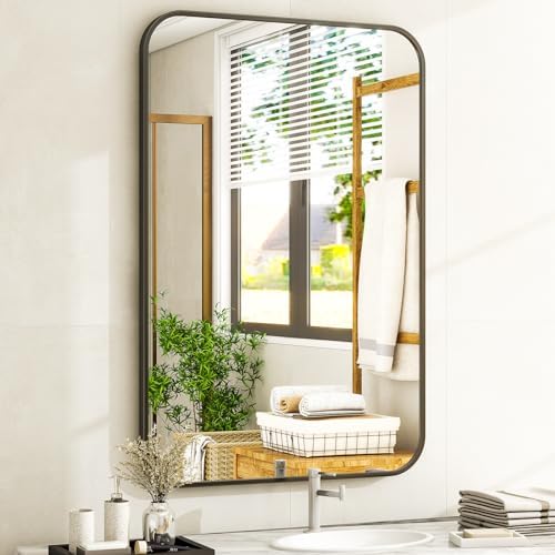 Easly 20 x 28 Inch Bathroom Mirror, Rounded Rectangular Vanity Mirror for Wall, Modern Mirror for Room Decor, Black Framed Wall-Mounted Mirrors for Home Decor, Hangs Horizontally or Vertically