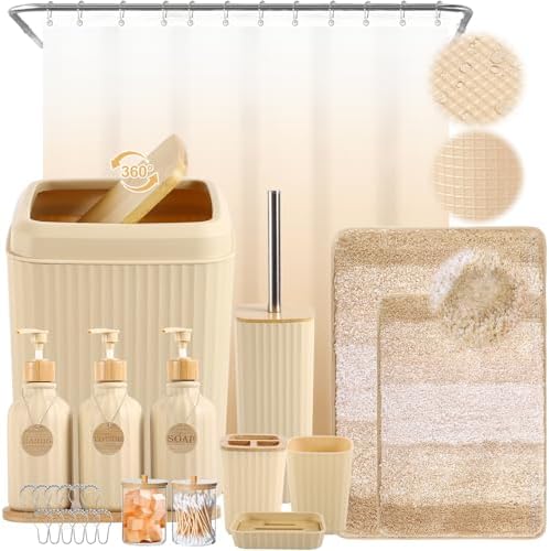 32PCS Bathroom Sets with Shower Curtain and Rugs Beige Bathroom Accessories Set Shower Curtain Set 3PCS Lotion Soap Dispenser Bathroom Accessories with Black Bathroom Decor