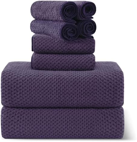 8-Piece Bath Towel Set, 2 Extra Large Bath Towel Sheets, 2 Hand Towels and 4 Washcloths - Highly Absorbent Quick Dry Microfiber,Ultra Soft Towel Set for Bathroom, Waffle Weave Design (Dark Purple)