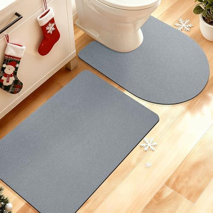 ACCUMTEK Non Slip Bath Mat, Thin Bathroom Rugs Fit Under Door, Quick Dry Bath Mats, Machine Washable Bath Rugs for Bathroom, Bathtub & Kitchen, Bathtub & Kitchen, Grey/Solid/2 Piece