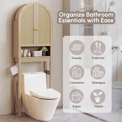 HMstone Over The Toilet Storage Cabinet, Arched Bathroom Organizer and Storage with Rattan Doors and Adjustable Shelf, Space-Saving Freestanding Bathroom Modern Storage Cabinet Over Toilet (Natural)