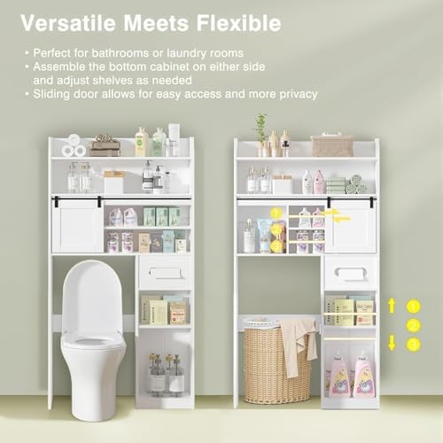 VECELO Over The Toilet Storage Cabinet with Sliding Doors, 63.8" Toilet Organizer with Adjustable Shelves, Paper Holder and Racks, for Bathroom Laundry, White
