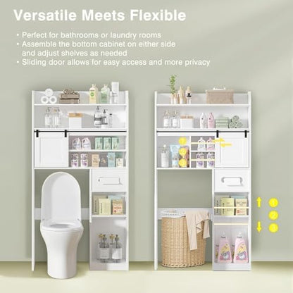 VECELO Over The Toilet Storage Cabinet with Sliding Doors, 63.8" Toilet Organizer with Adjustable Shelves, Paper Holder and Racks, for Bathroom Laundry, White