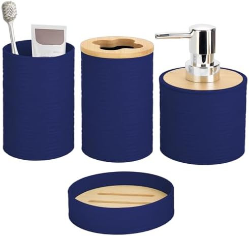 RRM 4 Piece Bamboo Bathroom Accessories Set, Boho Bathroom Decor, Navy Blue