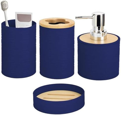 RRM 4 Piece Bamboo Bathroom Accessories Set, Boho Bathroom Decor, Navy Blue