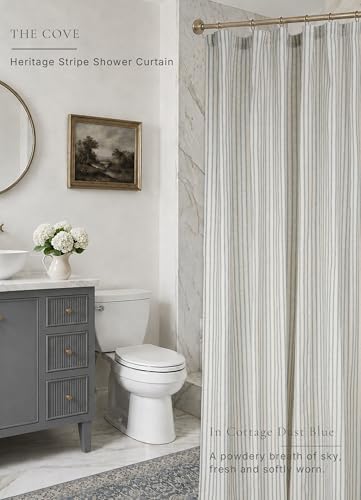 Farmhouse Striped Shower Curtain Set, Linen Blend Fabric with Detachable Polyester Liner, Breathable & Machine Washable, Rustic Heirloom Blue for Bathroom Decor 72" W x 72" L - Hooks Not Included