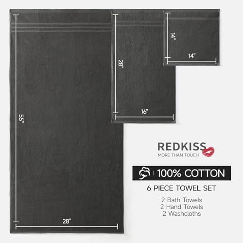 REDKISS Dark Gray Towels Set 6 Piece Cotton Towel Sets with 2 Bath Towels, 2 Hand, 2 Washcloths, 650GSM Hotel Quality, Soft, Highly Absorbent Towels for Bathroom Gym, Ideal Everyday Use