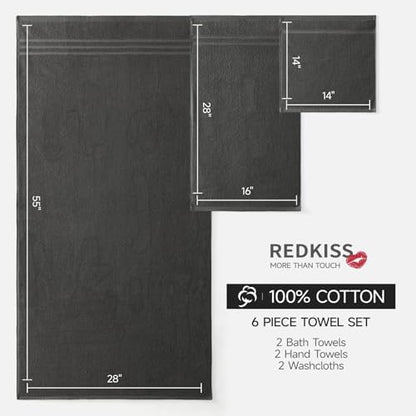 REDKISS Dark Gray Towels Set 6 Piece Cotton Towel Sets with 2 Bath Towels, 2 Hand, 2 Washcloths, 650GSM Hotel Quality, Soft, Highly Absorbent Towels for Bathroom Gym, Ideal Everyday Use