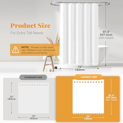 BTTN 72x96 Extra Long Boho Linen Heavy Duty Cloth Shower Curtain Set, White