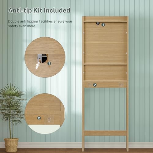 TEENFON Over The Toilet Storage Cabinet with 4 Open Shelves and Adjustable Shelf, Extra Tall Bathroom Organizer Unit with 2 Wood Doors, Home Space Saver for Bathroom, Laundry Room, Natural