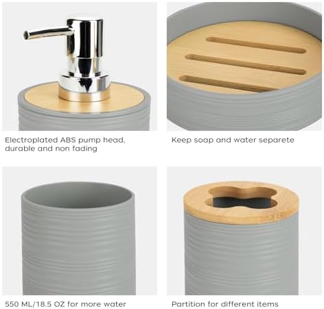 4PCS Grey Bathroom Set, Soap Dispenser, Dish & Bamboo Holder, Rustic
