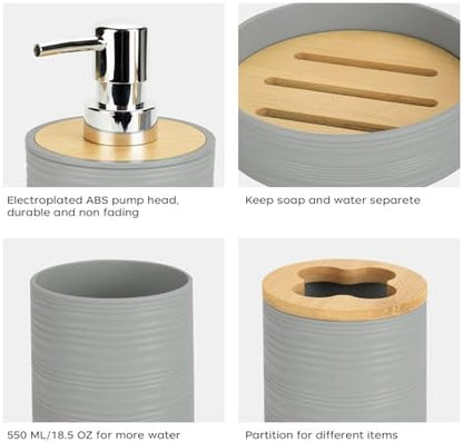 4PCS Grey Bathroom Set, Soap Dispenser, Dish & Bamboo Holder, Rustic