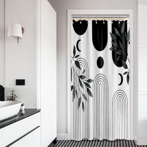 Mid Century Modern White and Black Shower Curtain Bohemian MCM Black and White Shower Curtains for Mens Bathroom Decor, Boho Minimalist Pattern, Waterproof Cloth Fabric with Hooks 48x72 in