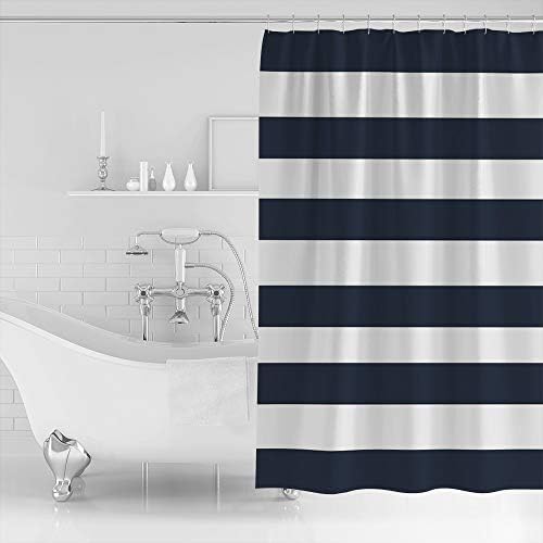 Shower Curtain Bathroom Set Navy Blue and White Stripe Waterproof Shower Curtains with Grommets Hooks Classic Texture Privacy Bath Curtain for Bathtub Decor 60x72in