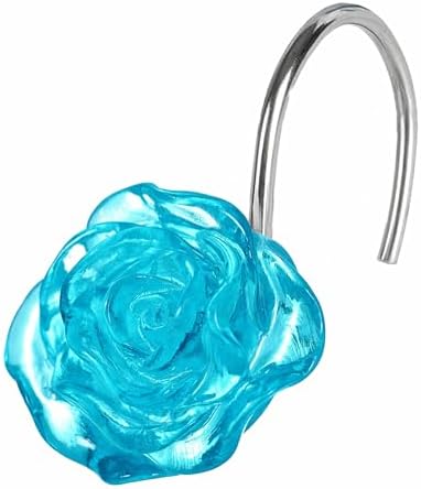 Teal Blue Rose Shower Curtain Hooks: Turquoise Aqua Flower Rings, 12Pcs
