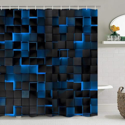 LQCOOL 4Pcs Shower Curtain Set with Rugs, Modern Bathroom Set Black Blue
