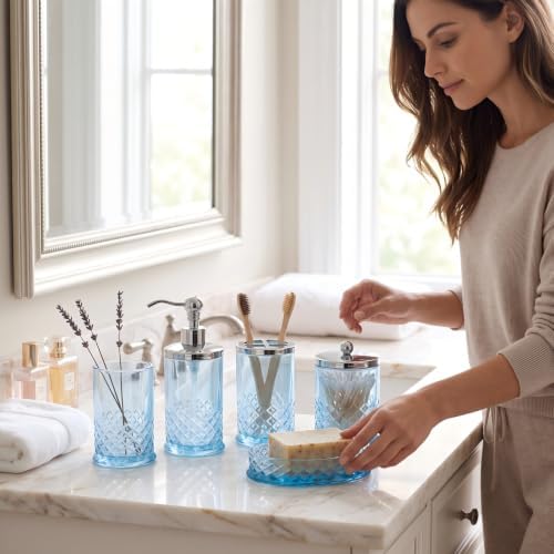 JKE Bathroom Accessories Set, 5-Piece Set with Vintage-Style Thick Glass Soap Dispenser, Toothbrush Holder, Soap Dish, and Cotton Swab Jar, Suitable for Bathroom Countertops, Blue