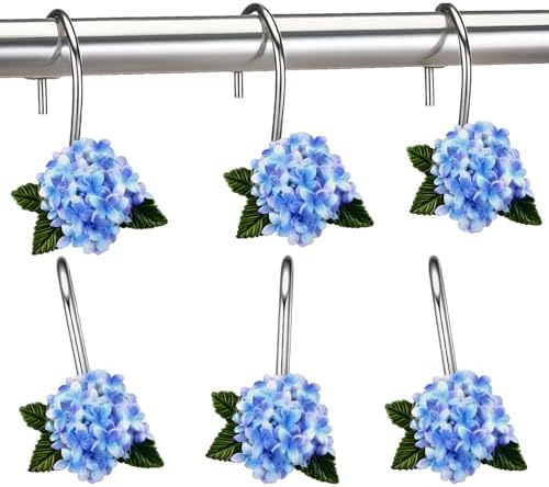 Amyhill 12 Pcs Hydrangea Decorative Shower Curtain Hooks Blue Flower Shower Curtain Rings Hanger Stainless Steel Resin Spring Floral Themed Hooks for Home Bathroom Decor