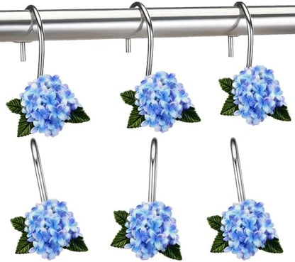 Amyhill 12 Pcs Hydrangea Decorative Shower Curtain Hooks Blue Flower Shower Curtain Rings Hanger Stainless Steel Resin Spring Floral Themed Hooks for Home Bathroom Decor