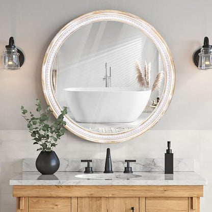 30 Inch Round Wood Mirror, Rustic Farmhouse Wall Mirrors for Bathroom