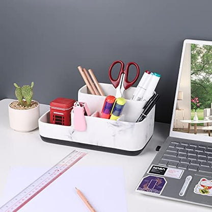 zccz Toothbrush Holder Organizer - Multi-Functional Bathroom Storage for Makeup, Skincare, and Accessories - White Marble Look Countertop Organizer for Sink and Vanity Spaces